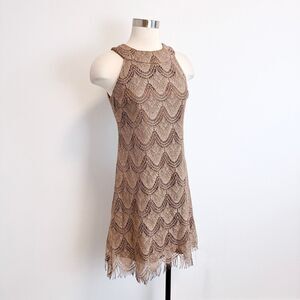 SL Fashions Y2K Brown Gold Pencil Wiggle Mini Bodycon Fitted Dress Fringe Medium